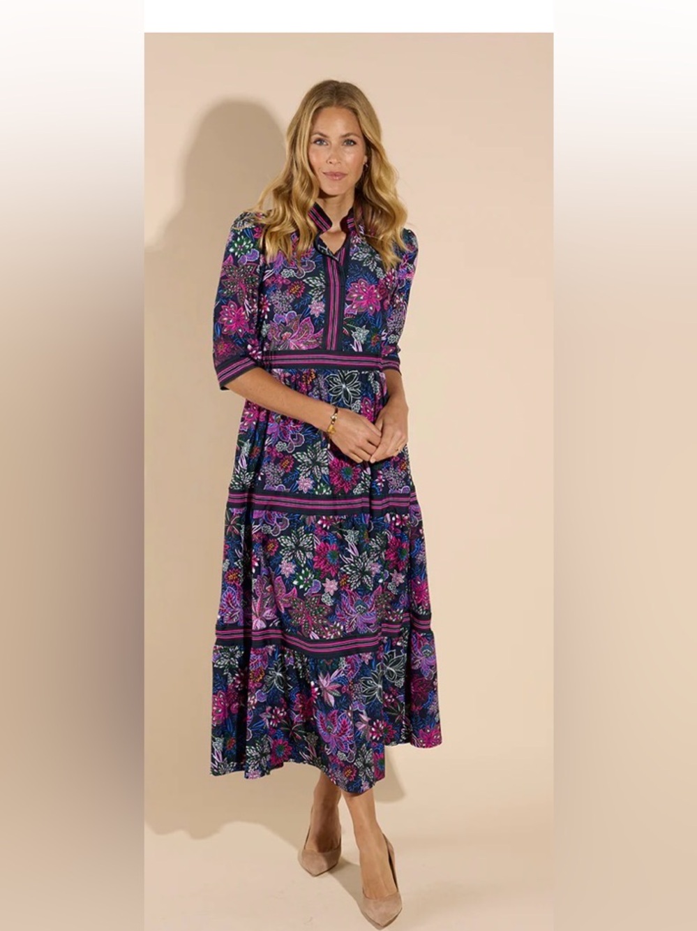 Jude Connally Navy Floral Midi Dress with Purple & Pink Accents size 4/6